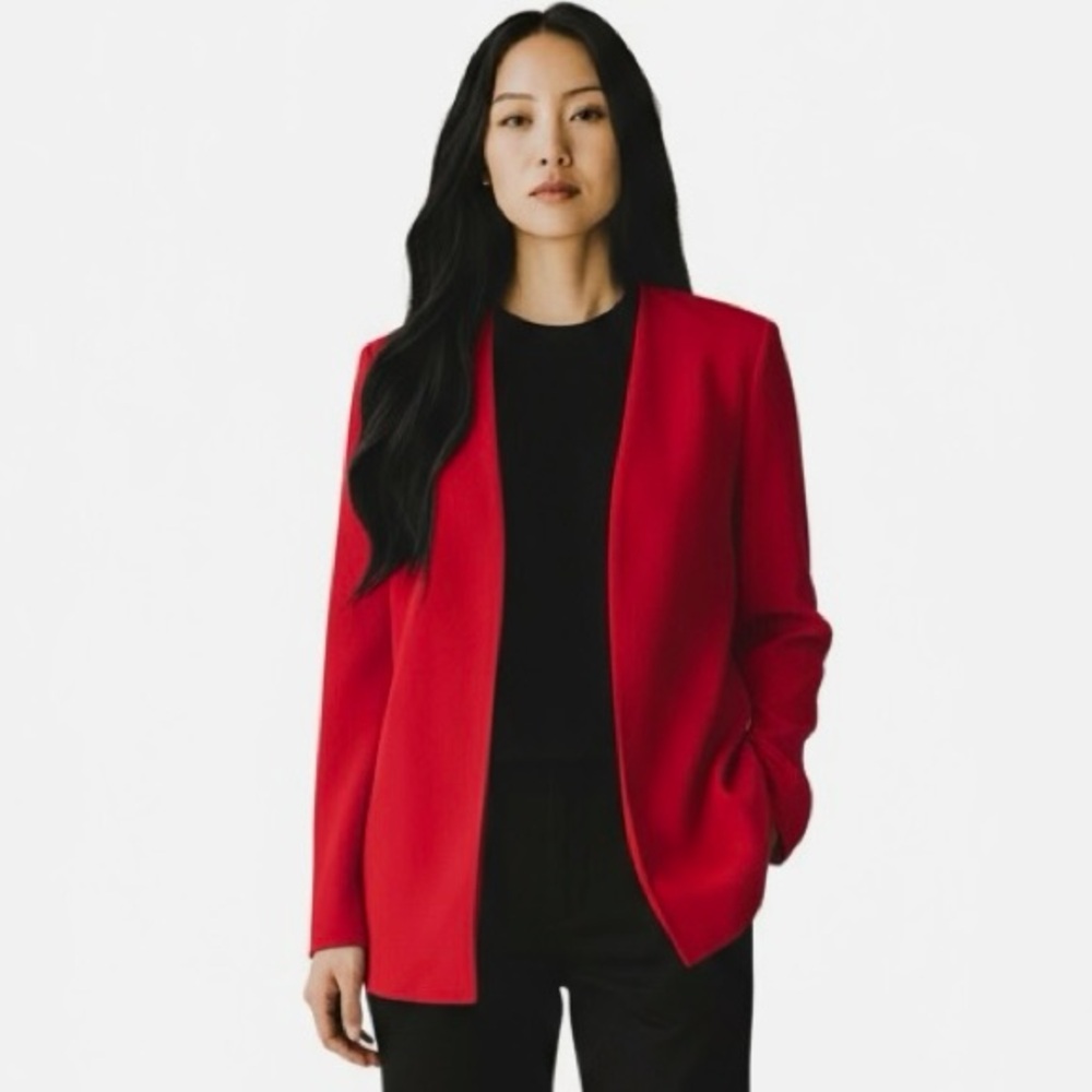 Linda Allard Ellen Tracy Red Wool Long-Line Open Blazer Cardigan Jacket